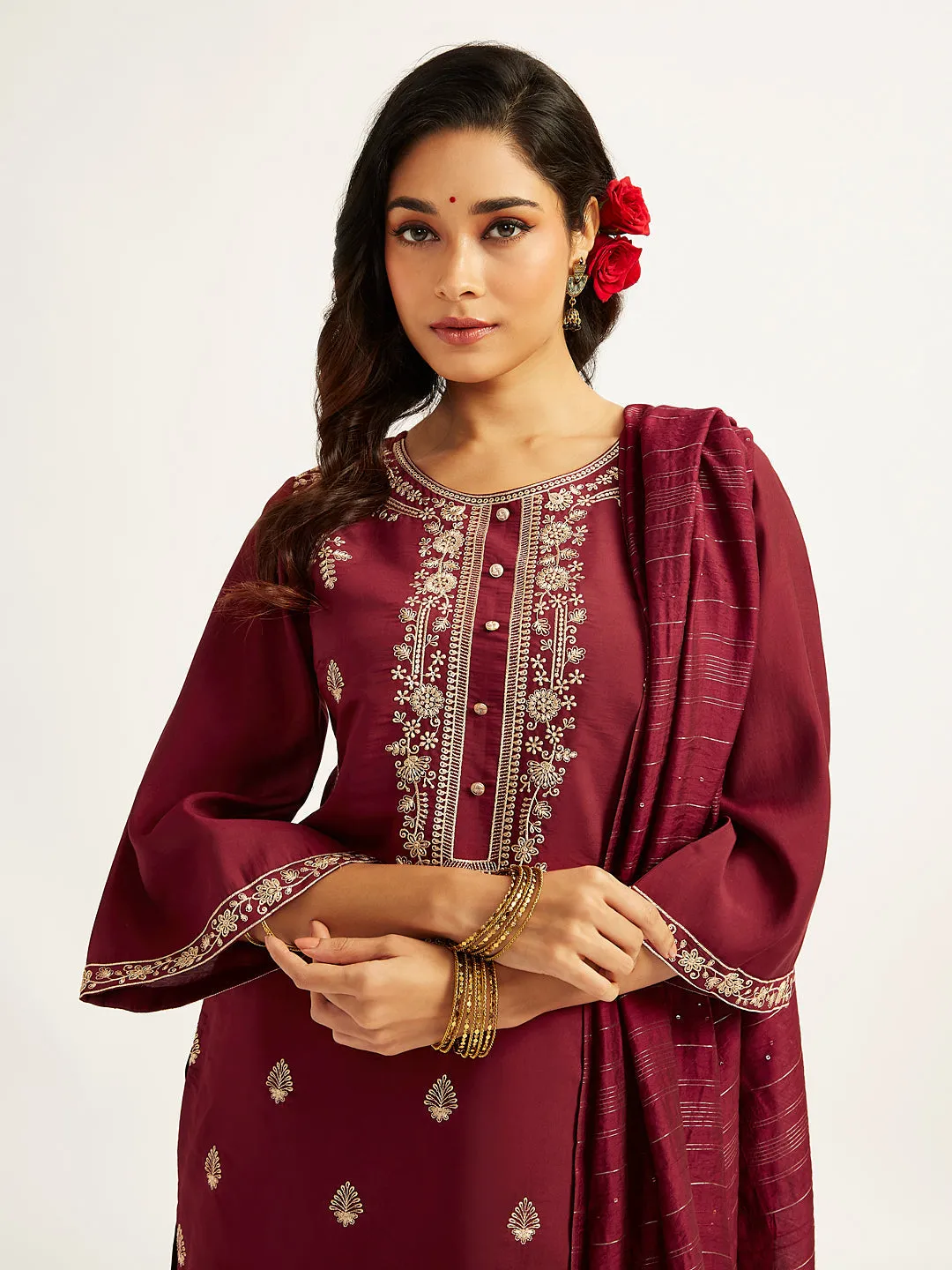 Jashvi Women's Maroon Kurta Set