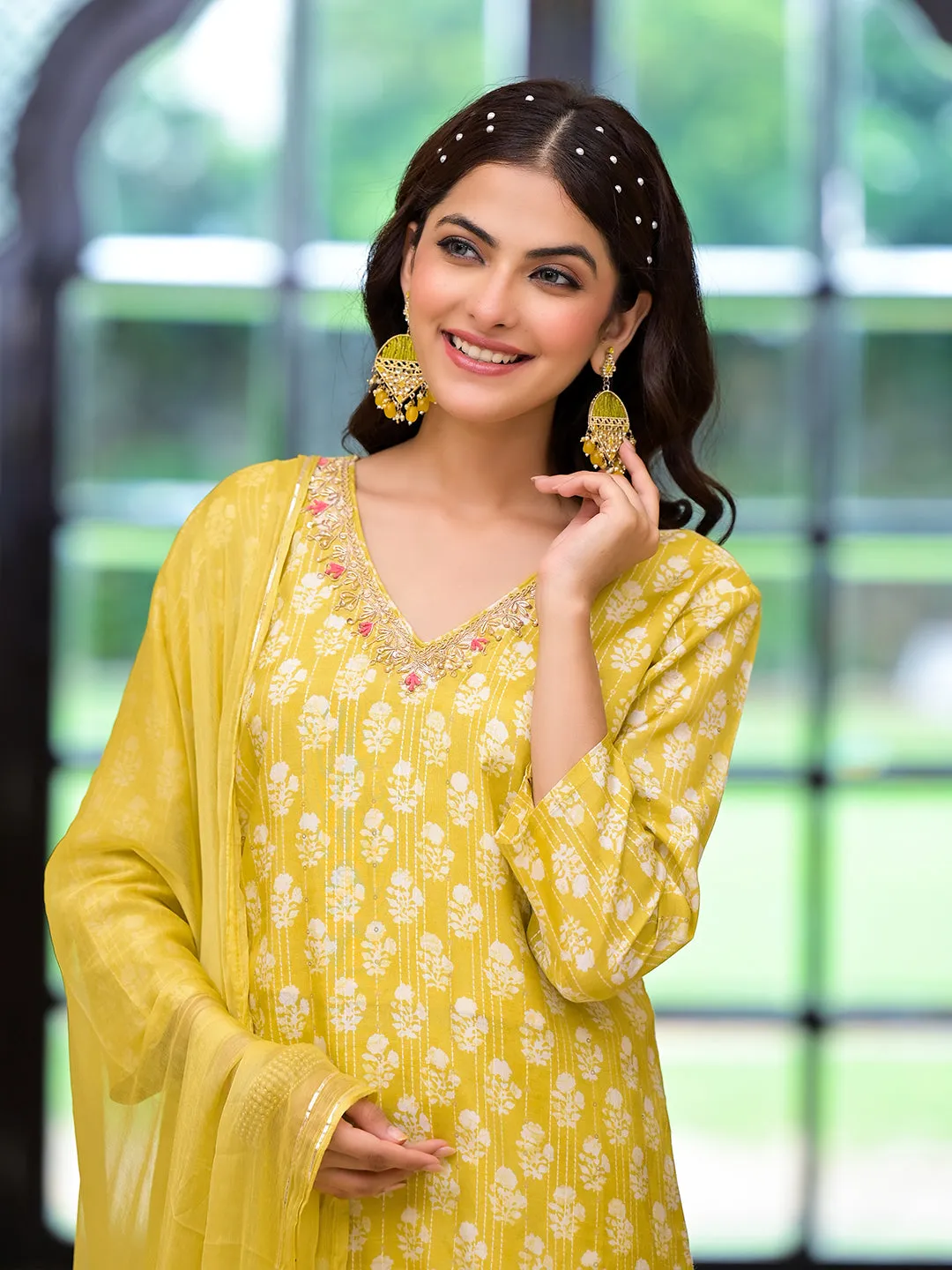 Jashvi Yellow Printed Muslin Straight Kurta & Trouser with Dupatta