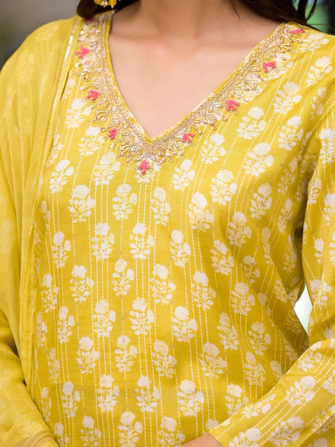 Jashvi Yellow Printed Muslin Straight Kurta & Trouser with Dupatta