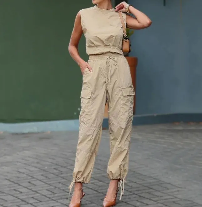 Joskaa Elegant Two Piece Set for Women 2024 Summer Fashion Casual O-Neck Ruffled Sleeveless Top Casual Drawstring Ankle Cargo Pants Set