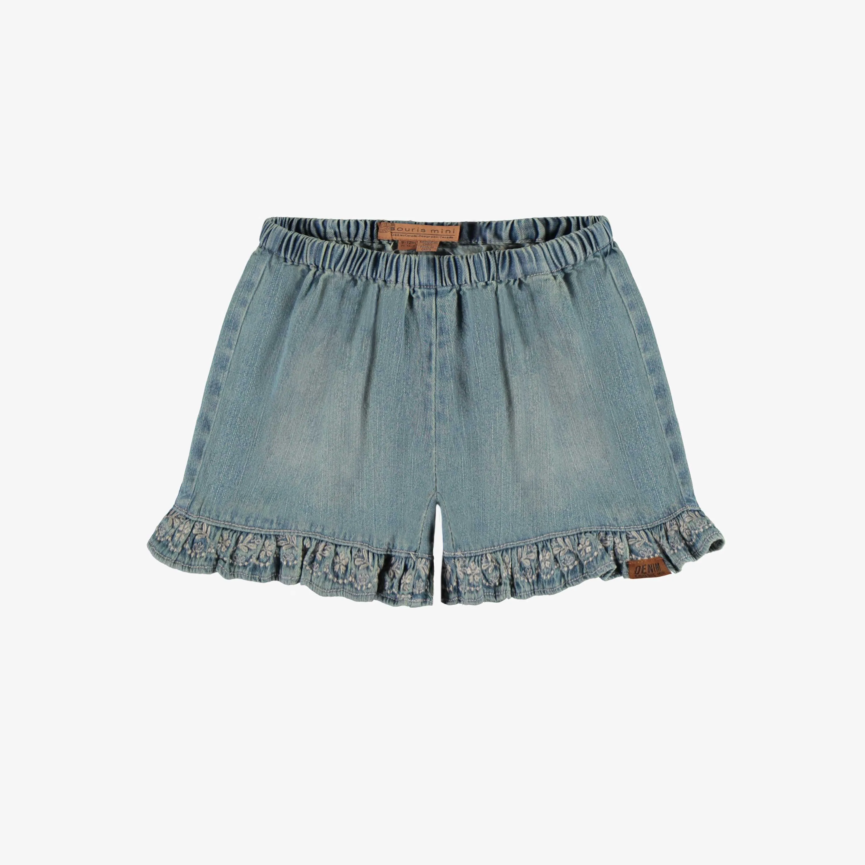 Jupe short à volant de coupe régulière/évasée en denim pâle léger, bébé || Regular-fit/flared short skirt in light pale denim, baby