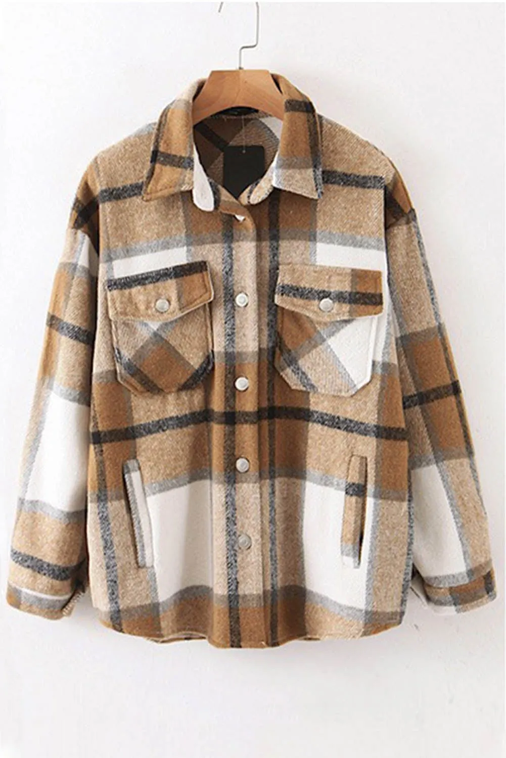 Khaki Background Double-pocketed Long Sleeve Plaid Shacket Women's