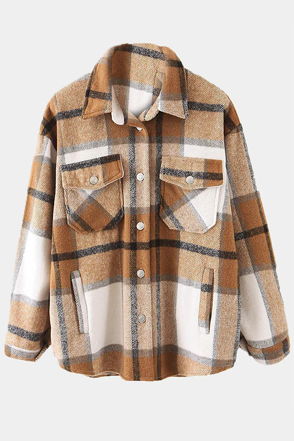 Khaki Background Double-pocketed Long Sleeve Plaid Shacket Women's