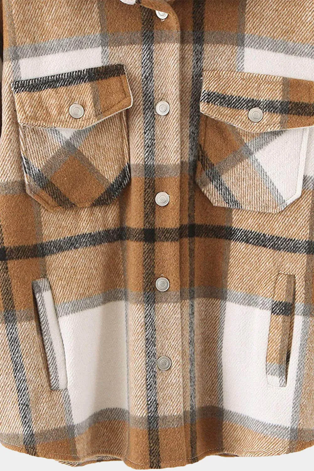 Khaki Background Double-pocketed Long Sleeve Plaid Shacket Women's