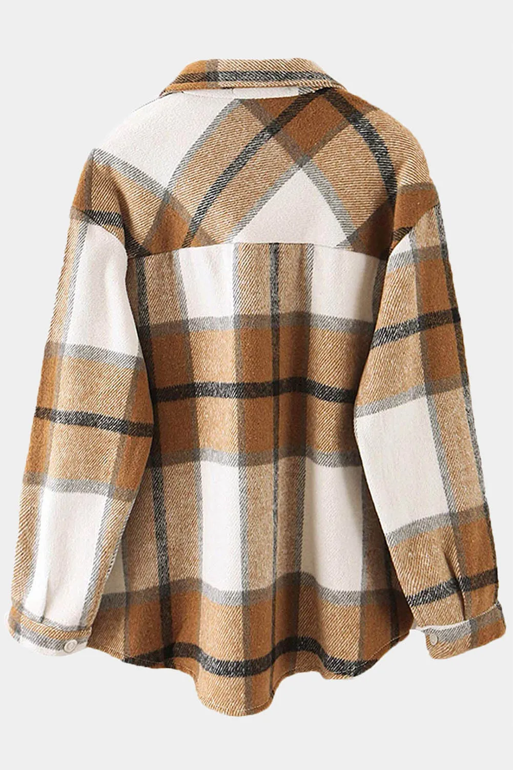 Khaki Background Double-pocketed Long Sleeve Plaid Shacket Women's