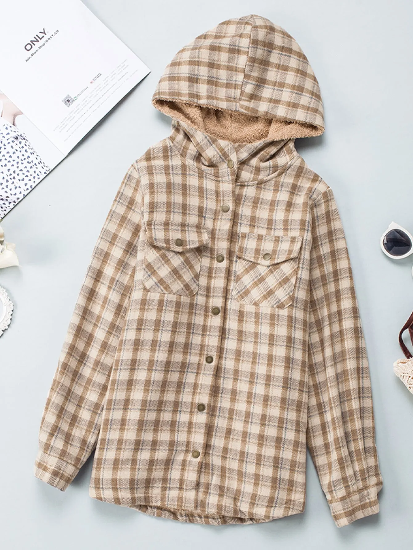 Khaki Plaid Pattern Sherpa Lined Hooded Shacket