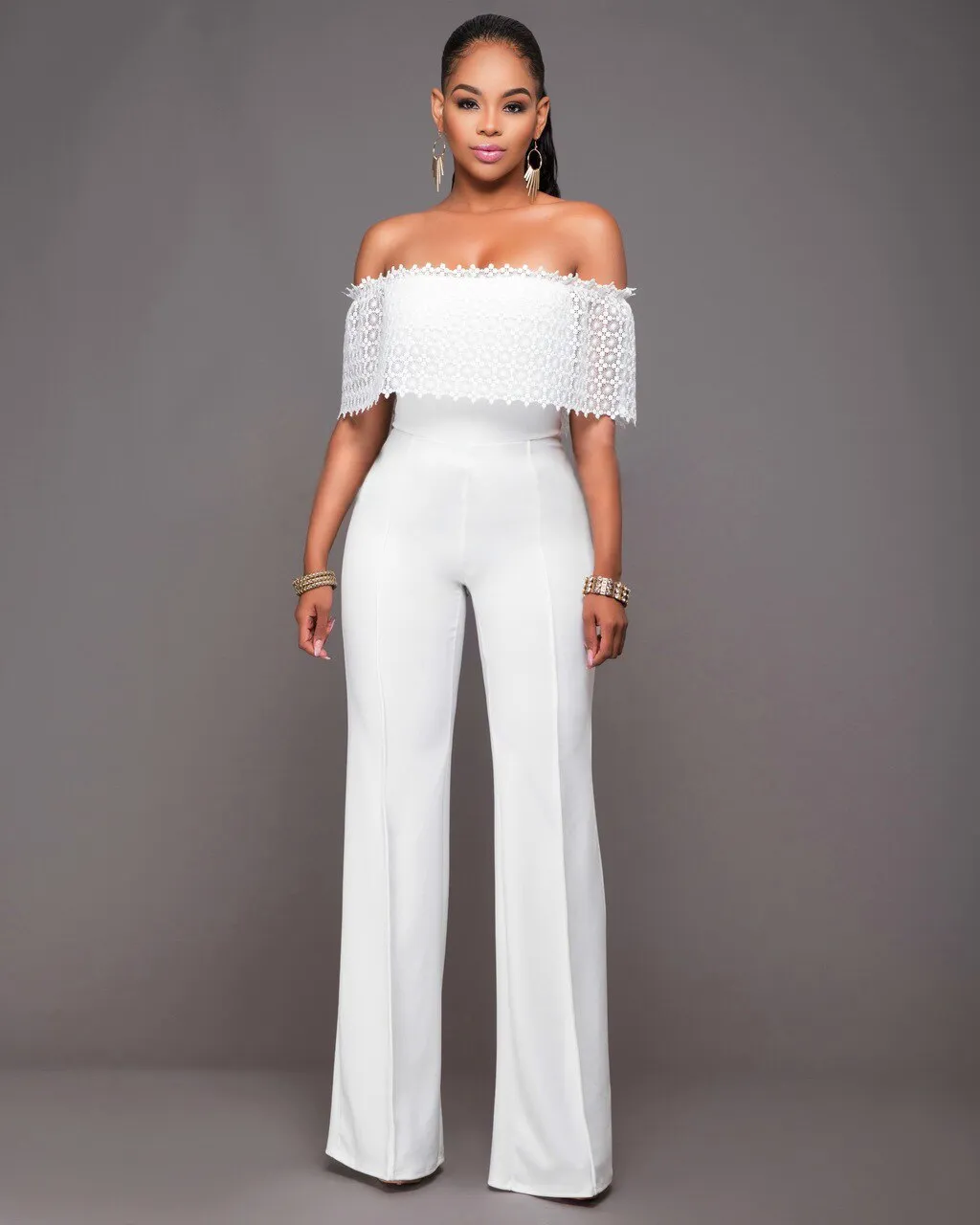 LANFUBEISI  Jumpsuit Women Overalls Party Lace Rompers White Bodysuit Long Sleeve V-neck Long Pants Y2k Elegant Autumn Spring Outfits Work