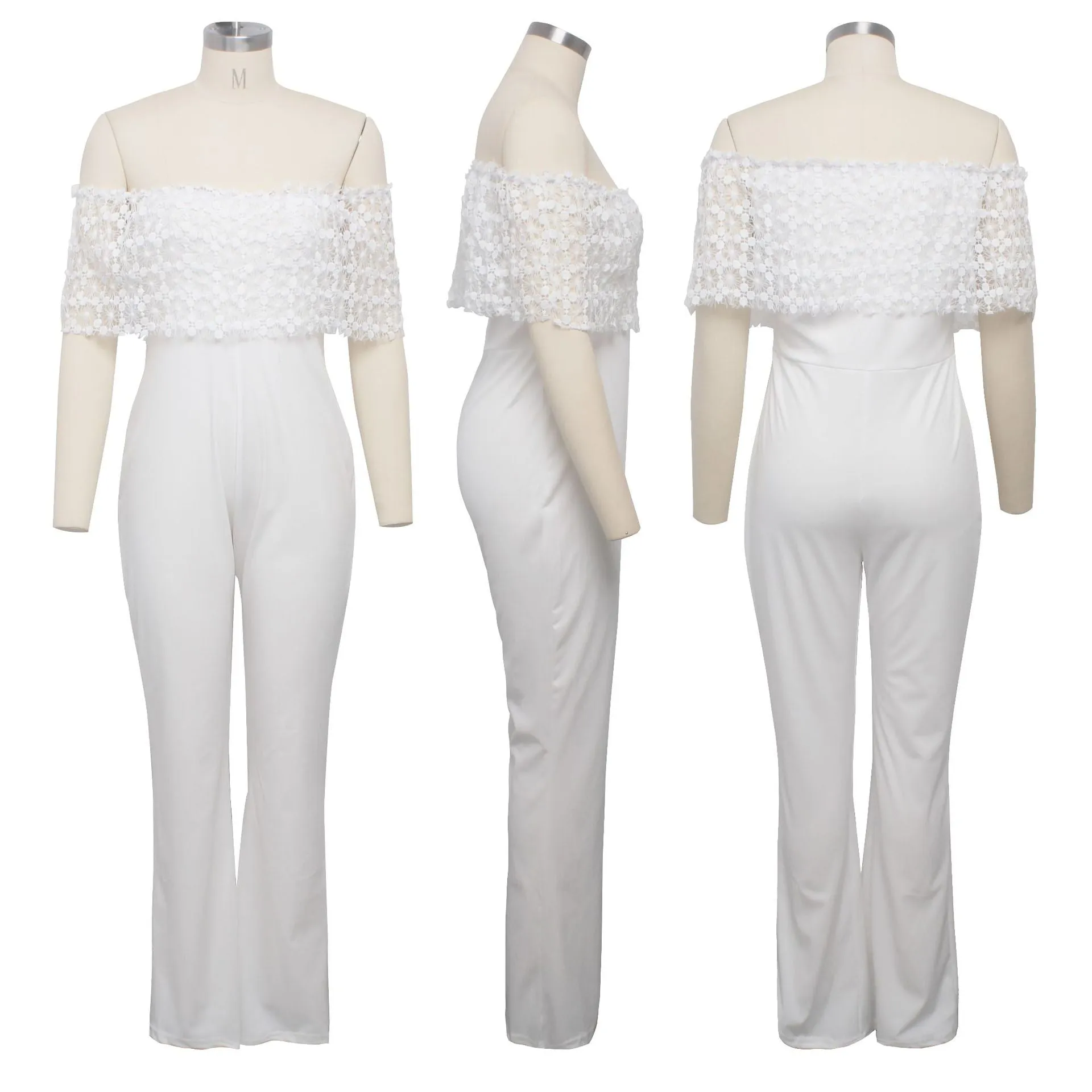 LANFUBEISI  Jumpsuit Women Overalls Party Lace Rompers White Bodysuit Long Sleeve V-neck Long Pants Y2k Elegant Autumn Spring Outfits Work