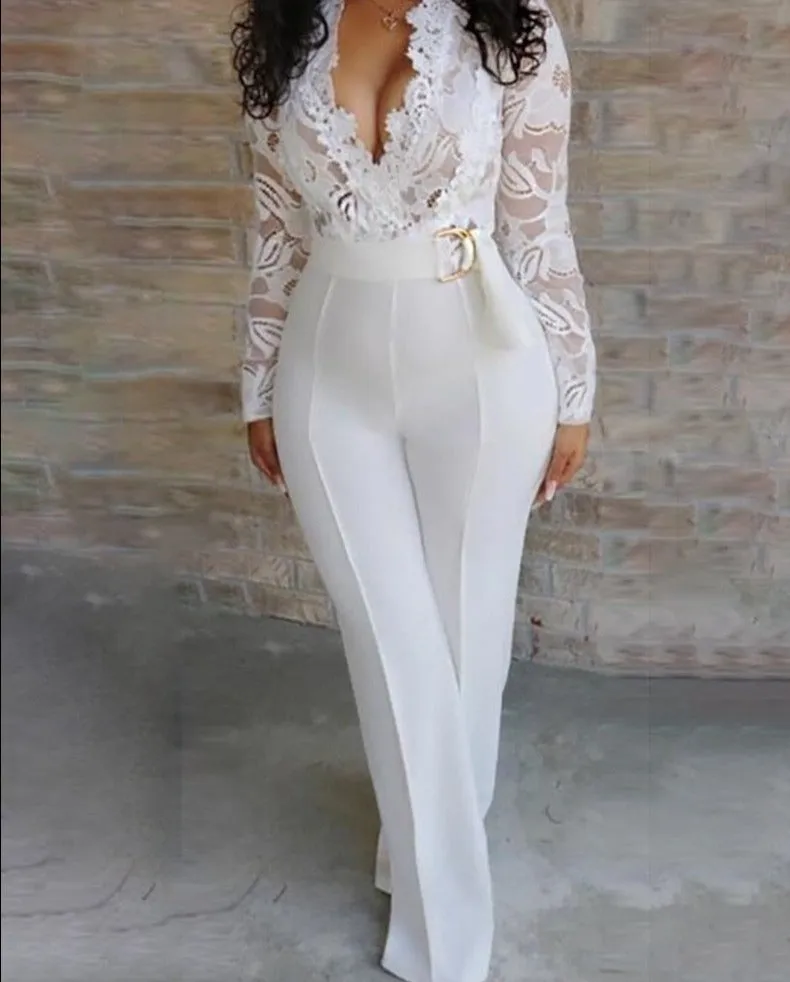 LANFUBEISI  Jumpsuit Women Overalls Party Lace Rompers White Bodysuit Long Sleeve V-neck Long Pants Y2k Elegant Autumn Spring Outfits Work