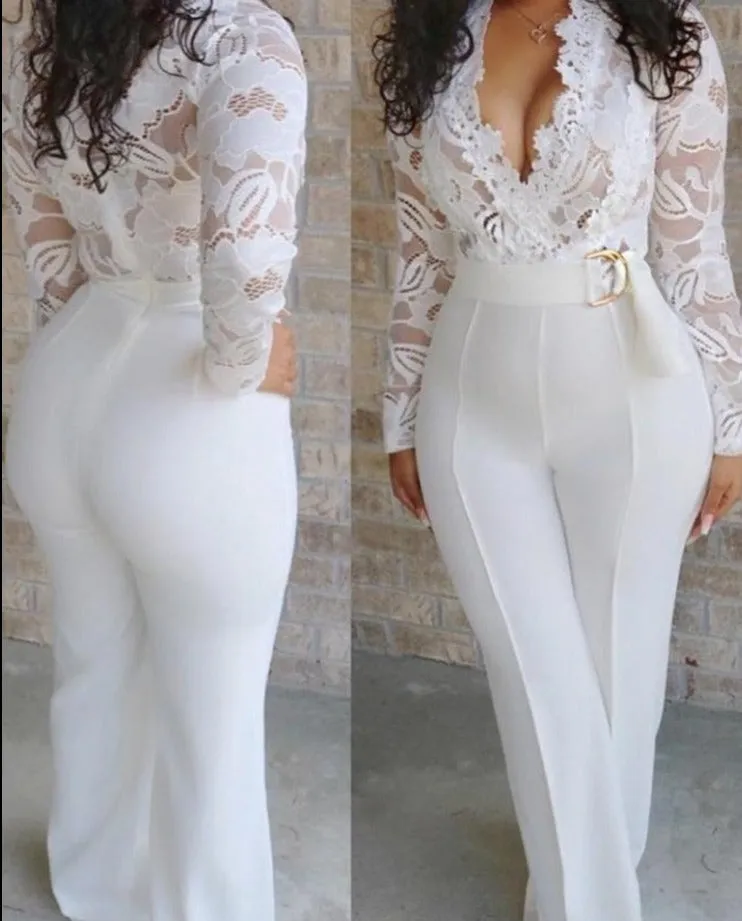 LANFUBEISI  Jumpsuit Women Overalls Party Lace Rompers White Bodysuit Long Sleeve V-neck Long Pants Y2k Elegant Autumn Spring Outfits Work