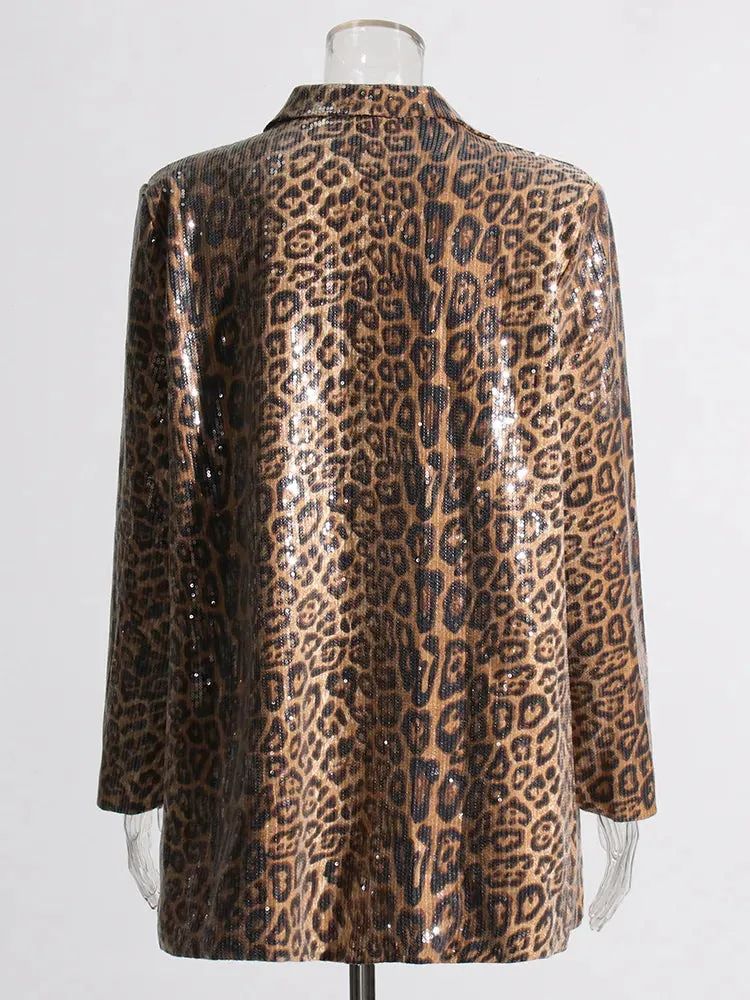 Leopard Patchwork Sequins Blazers For Women Notched Collar Long Sleeve Spliced Button Casual Blazer Female Clothing