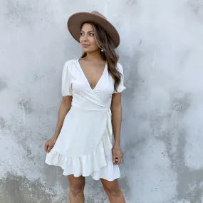 Let It Play Out Cream Linen Wrap Dress