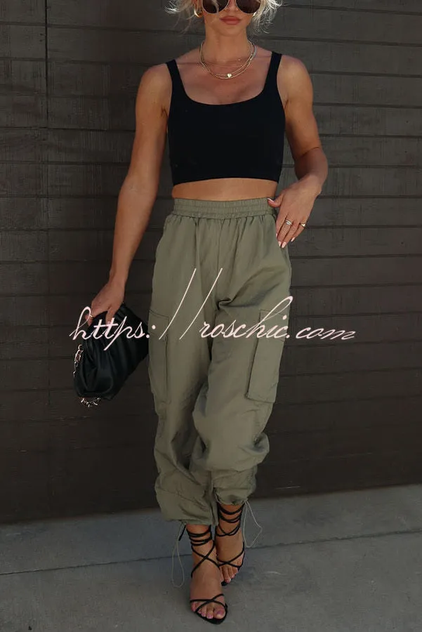 Let��s Rewind Nylon Elastic Waist Pocketed Cargo Pants