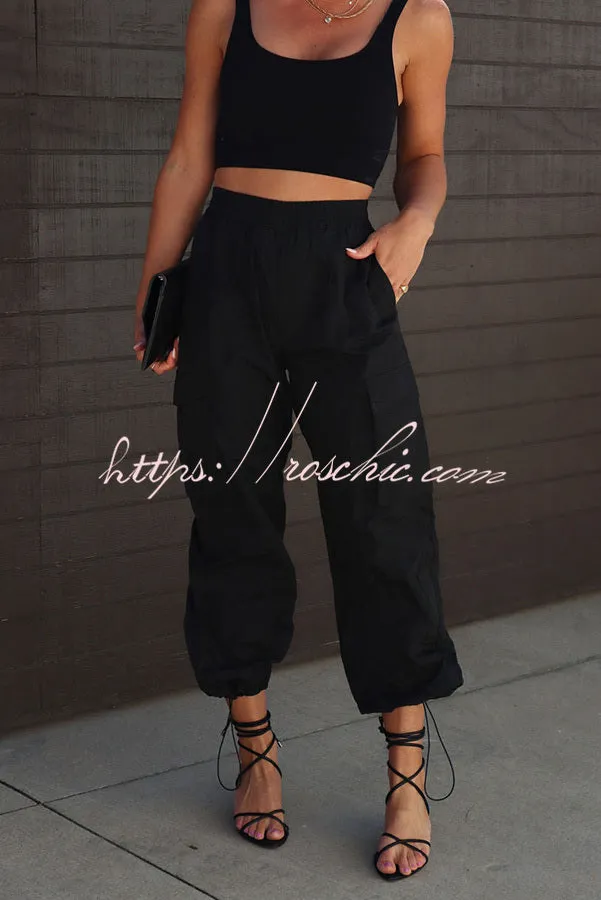 Let��s Rewind Nylon Elastic Waist Pocketed Cargo Pants