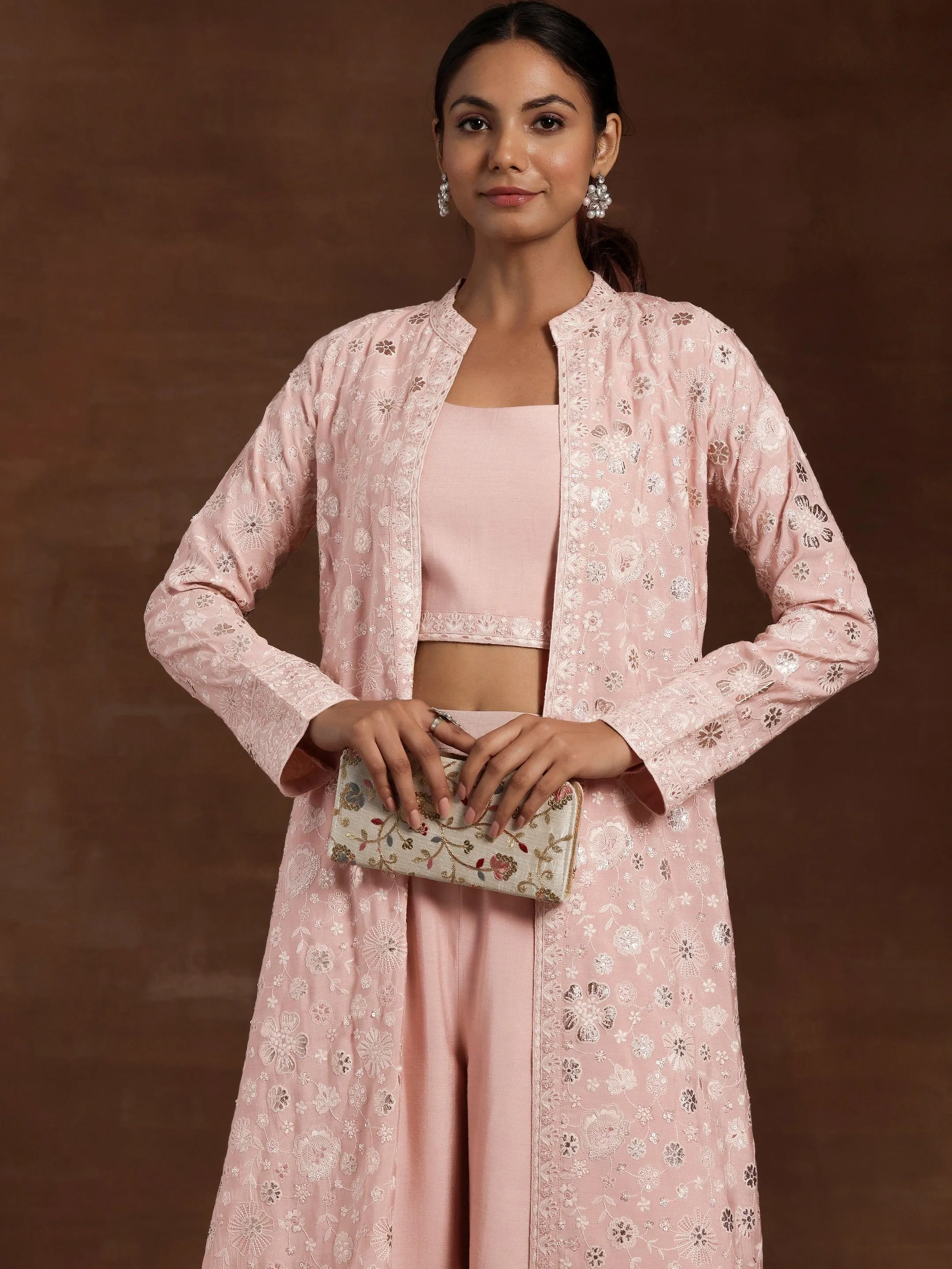 Libas Art Pink Solid Silk Blend 3 Piece Co-Ords