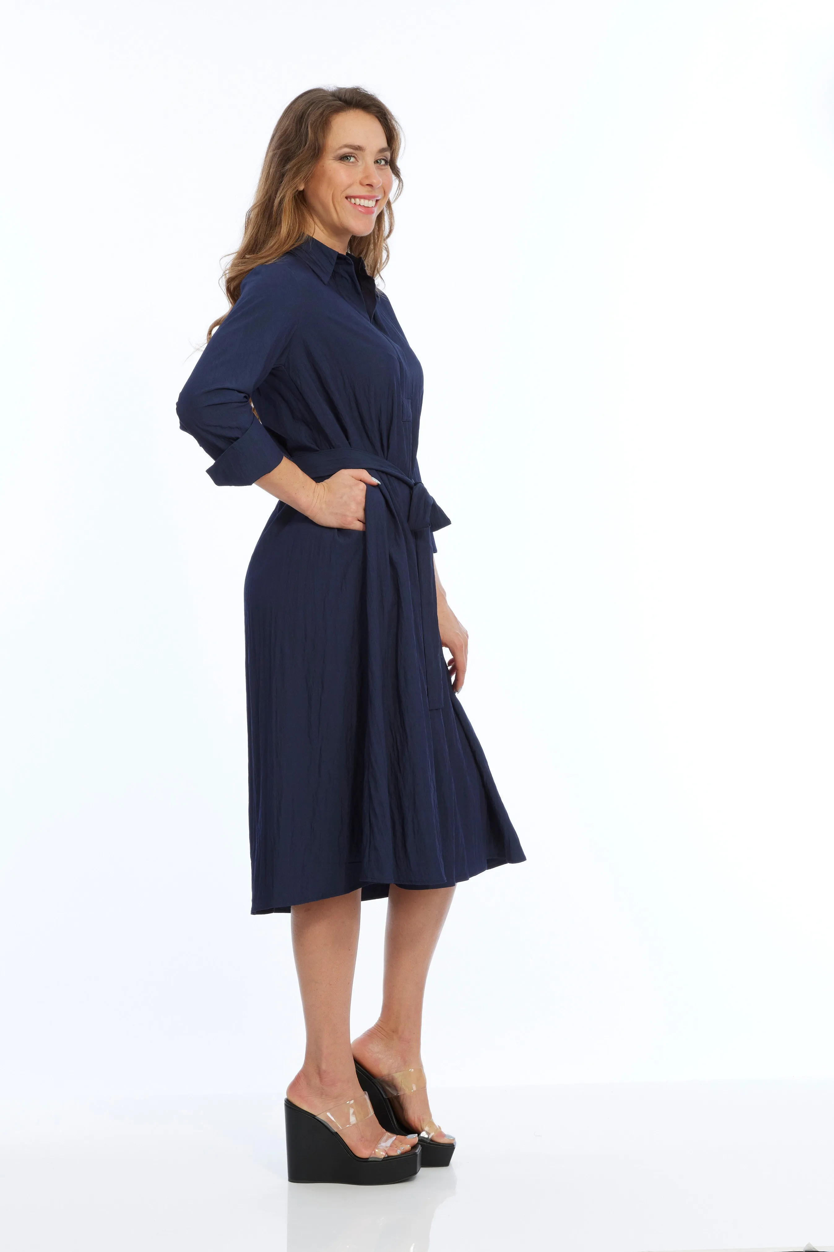 LIOR Women's Long Sleeve Dark Navy Dress Tie Waist Wrap- Alina