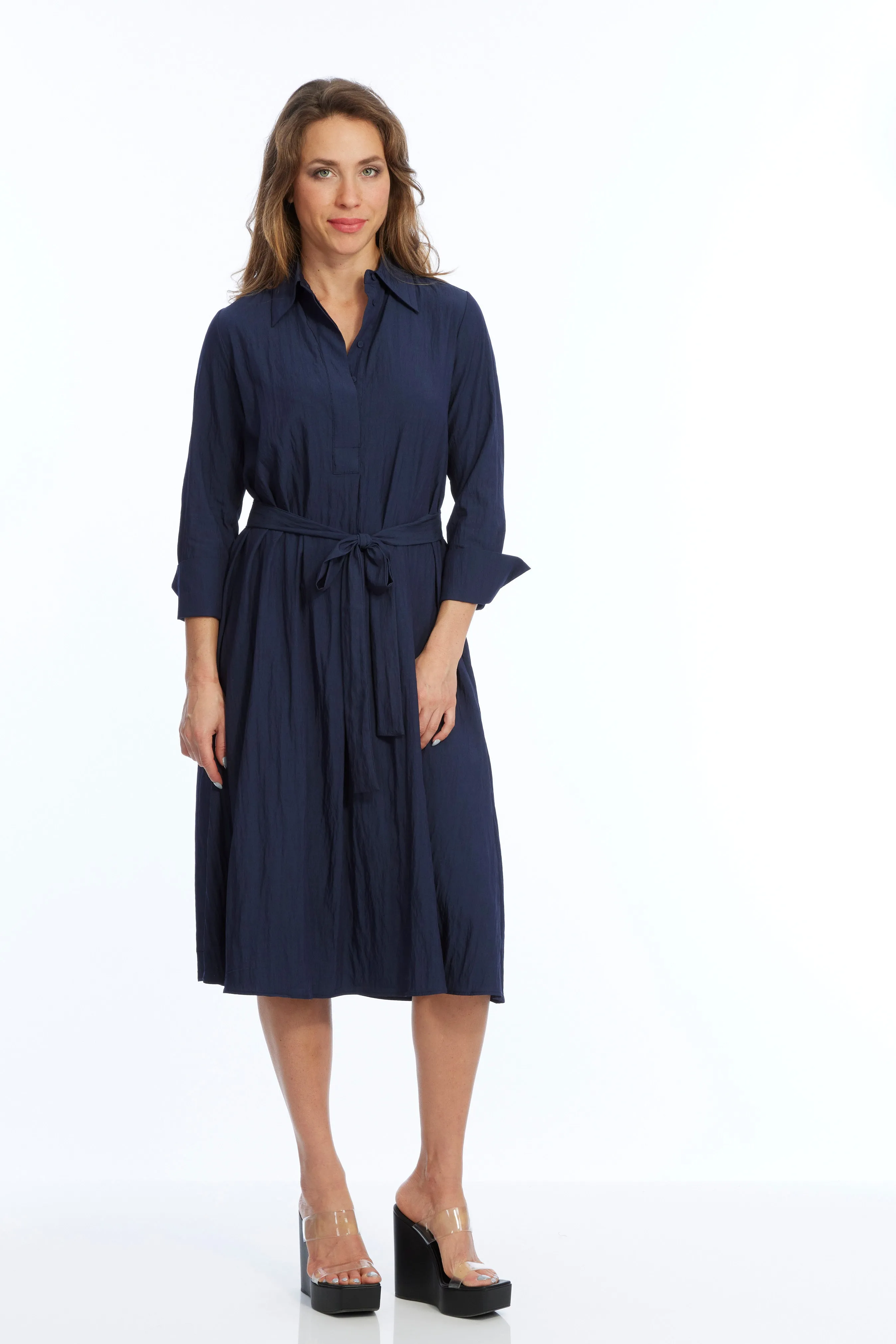 LIOR Women's Long Sleeve Dark Navy Dress Tie Waist Wrap- Alina