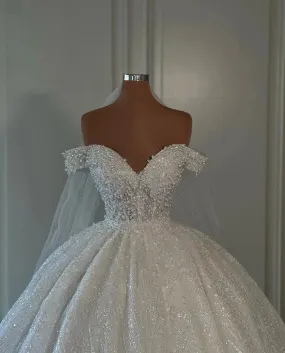 Luxury Ball Gown Wedding Dresses Sleeveless V Neck Strapless Sequins Applique Ruffles Zipper Diamonds Beads Plus Size Bridal Gowns Custom Made Vestido de novia