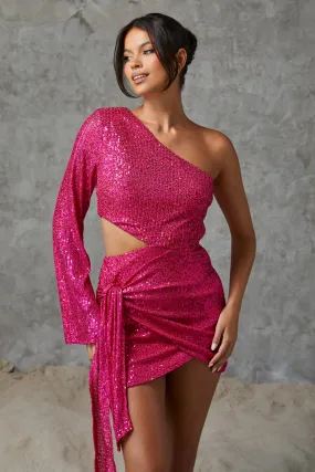 Lydia Sequin One Shoulder Tie Dress Fuchsia