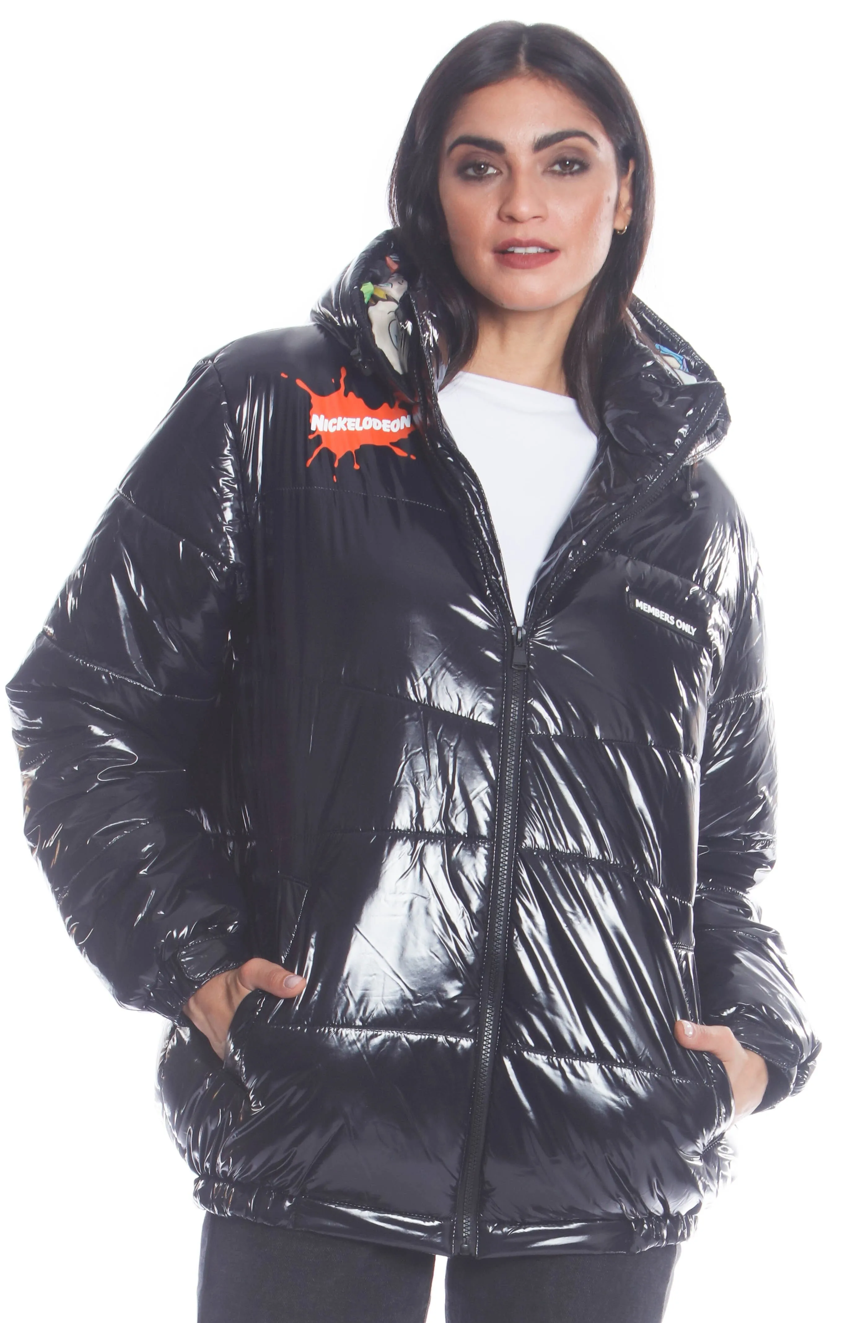 Members Only Women's Nickelodeon Shiny Collab Puffer Oversized Jacket