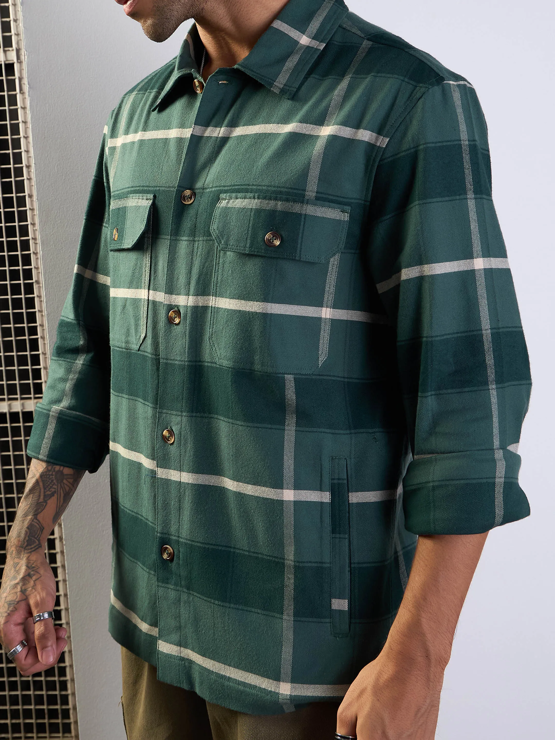 Men Green Check Side Pocket Shacket