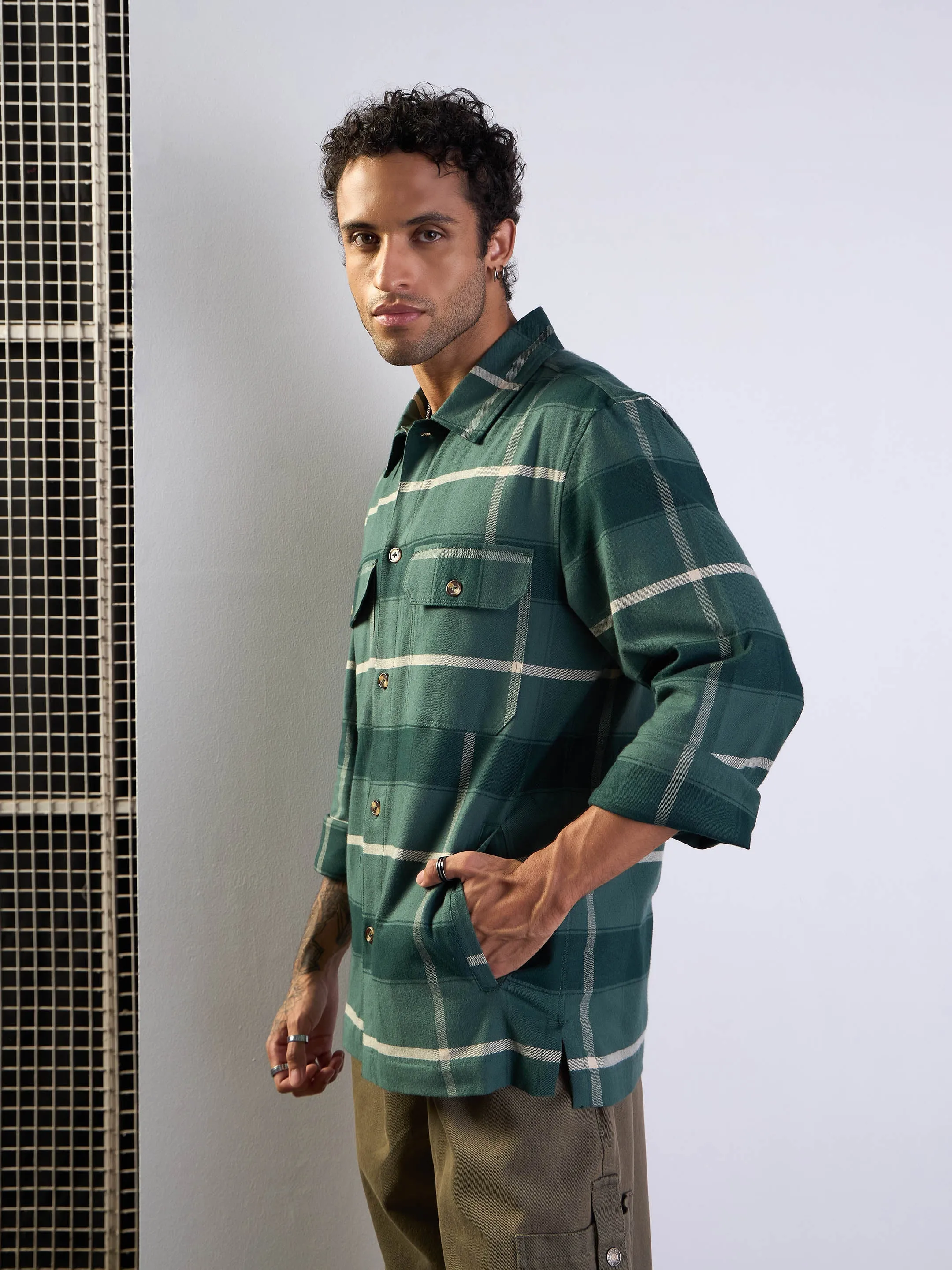 Men Green Check Side Pocket Shacket