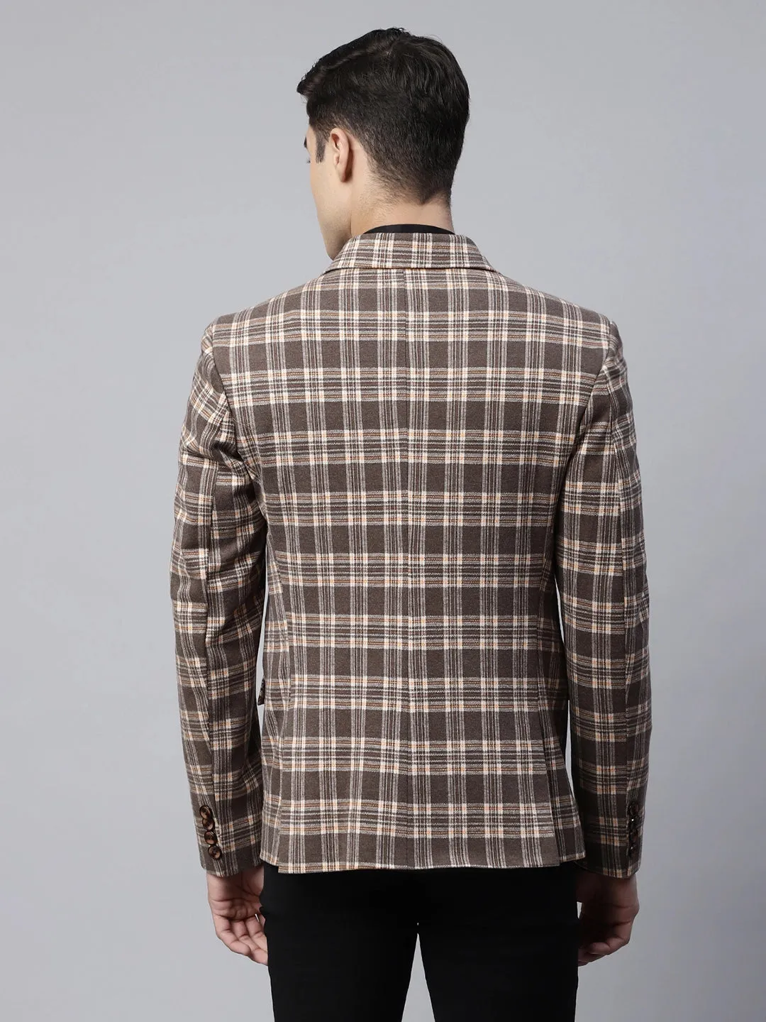 Mens Brown Tailored Fit Monochromatic Plaid Coat