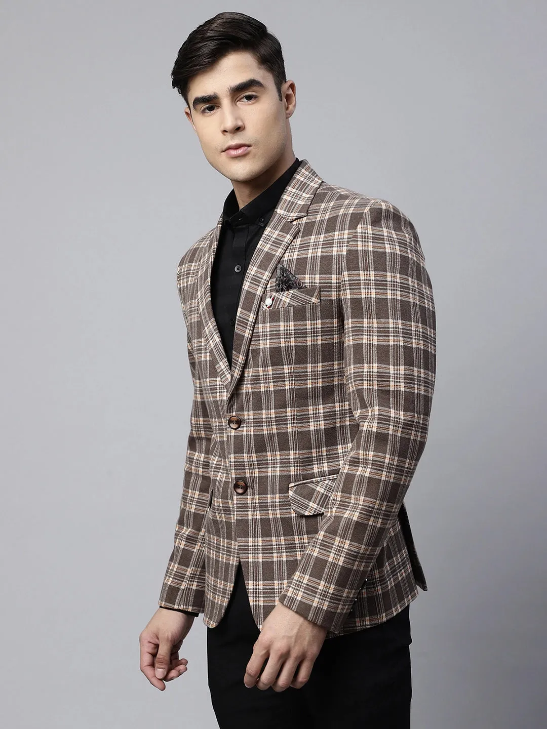 Mens Brown Tailored Fit Monochromatic Plaid Coat