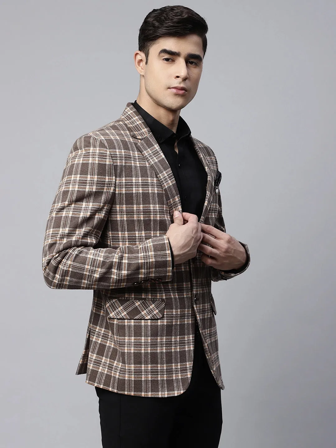 Mens Brown Tailored Fit Monochromatic Plaid Coat