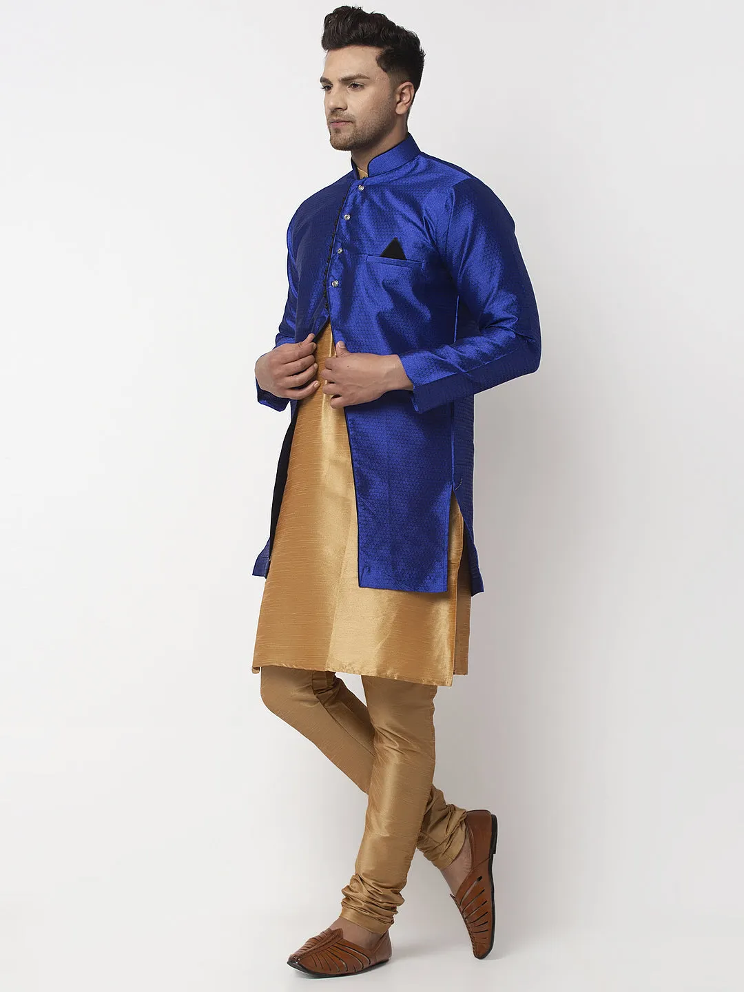 Men's Copper Kurta With Pyjama & Royal Blue Self Design Jacket - Benstoke