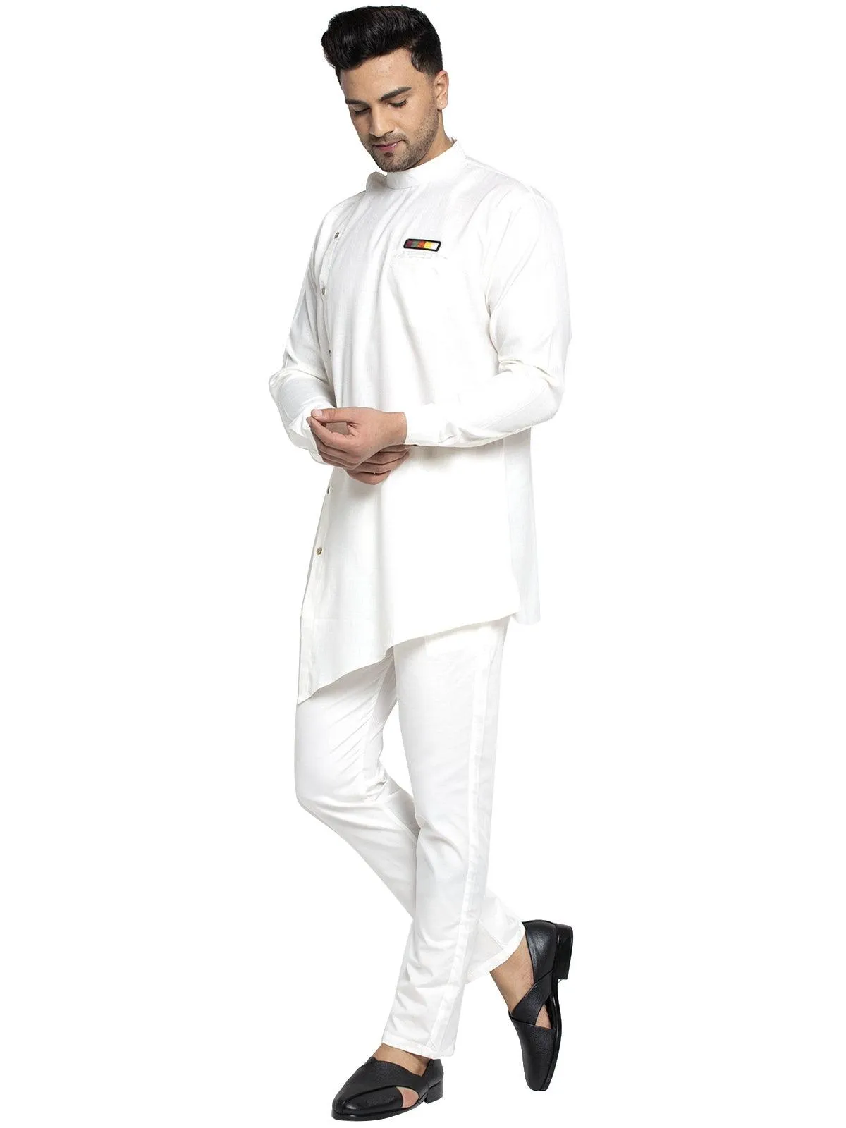 Men's Cotton White Asymmetric Solid Kurta With Trousers - Benstoke