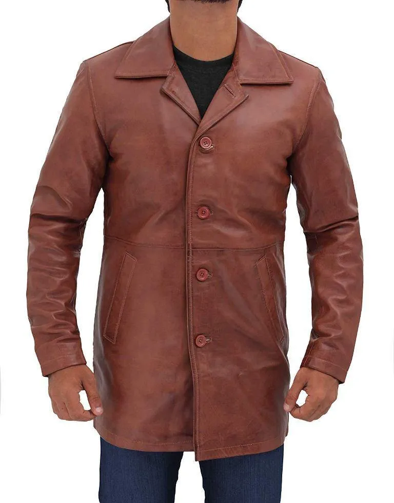 Men's Natural Tan Distressed Real Leather Coat