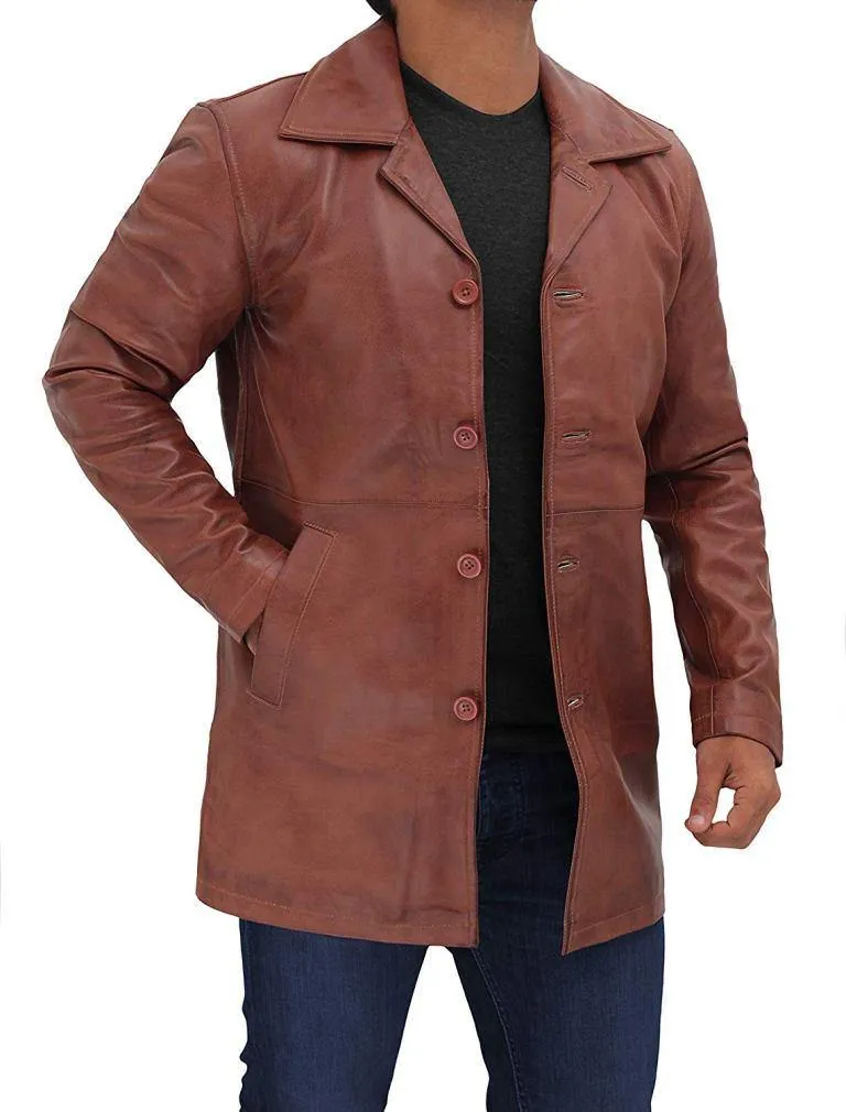 Men's Natural Tan Distressed Real Leather Coat