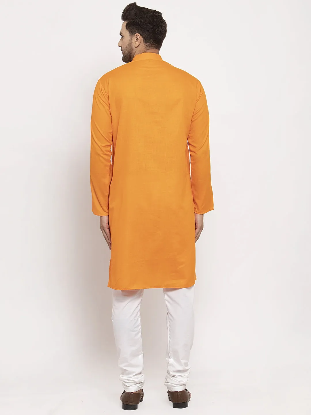 Men's Orange Solid Kurta With White Churidaar Pyjama - Benstoke