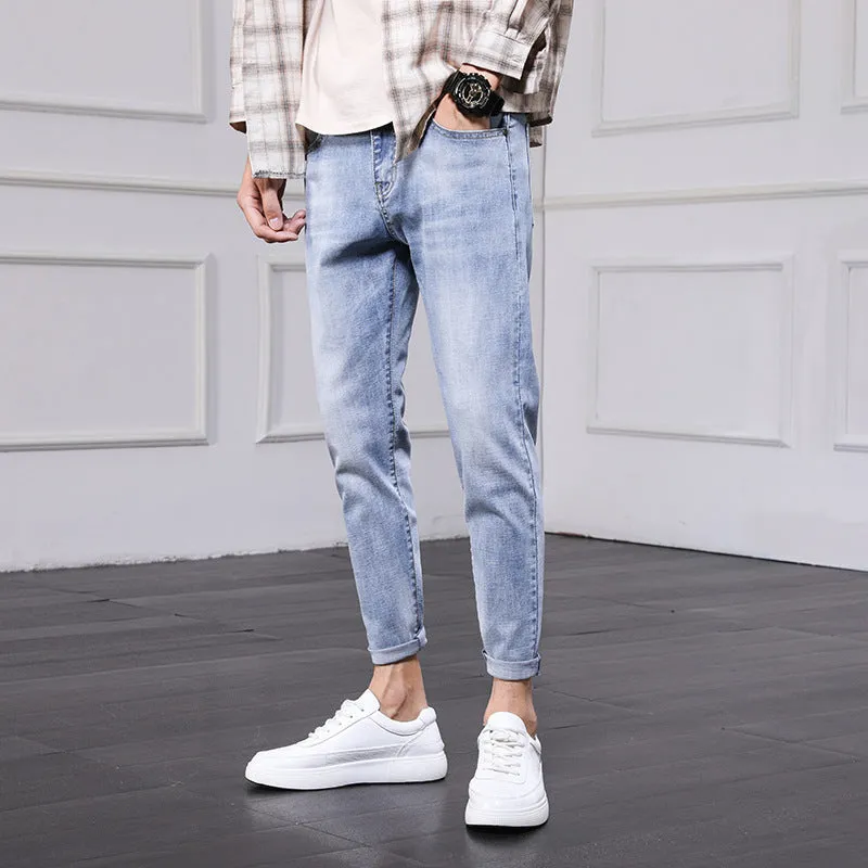 Men's Ripped Jeans Cropped Casual Men's Trousers Slim Fit Skinny Stretch Korean Style Pants Men