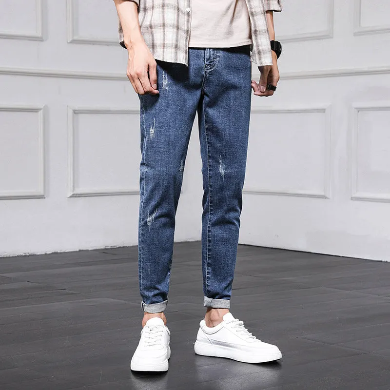 Men's Ripped Jeans Cropped Casual Men's Trousers Slim Fit Skinny Stretch Korean Style Pants Men