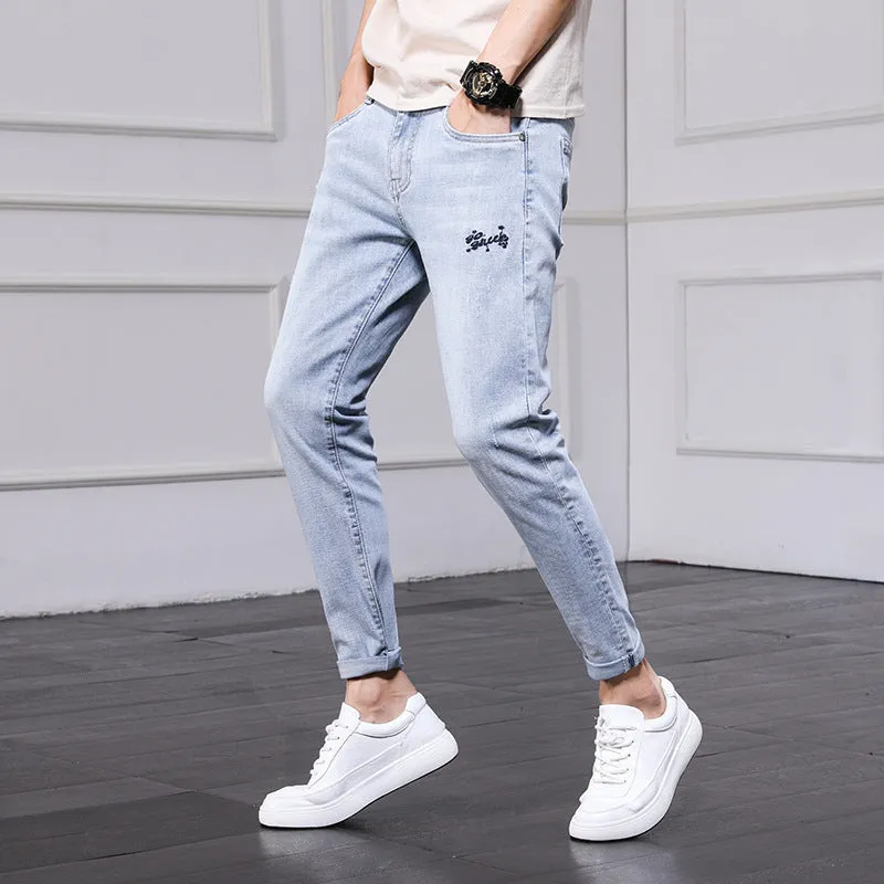 Men's Ripped Jeans Cropped Casual Men's Trousers Slim Fit Skinny Stretch Korean Style Pants Men