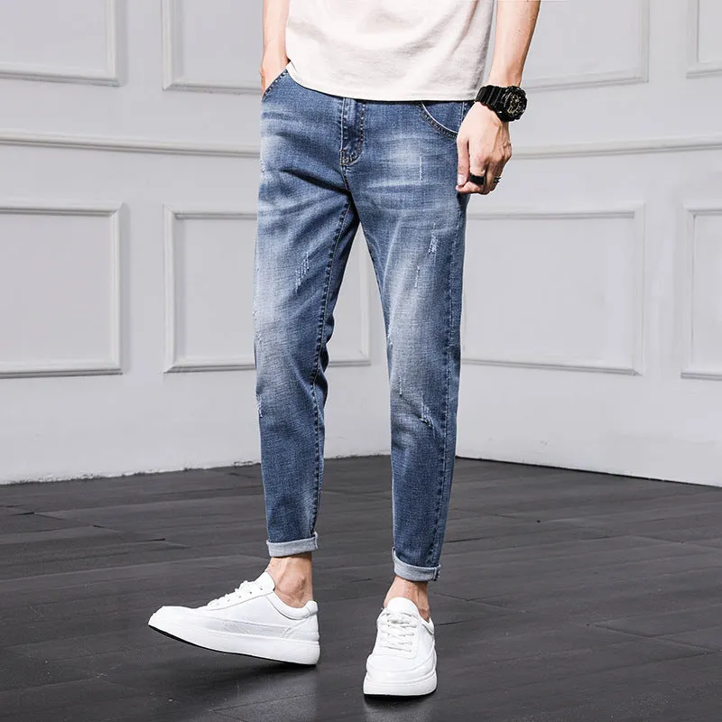 Men's Ripped Jeans Cropped Casual Men's Trousers Slim Fit Skinny Stretch Korean Style Pants Men