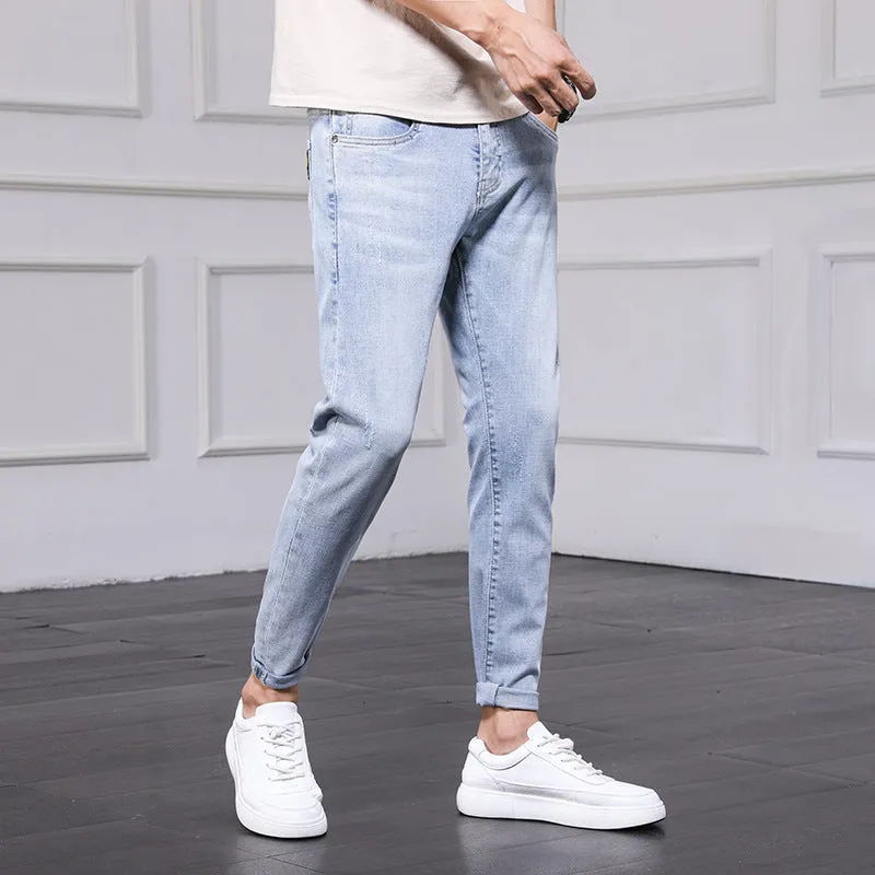 Men's Ripped Jeans Cropped Casual Men's Trousers Slim Fit Skinny Stretch Korean Style Pants Men