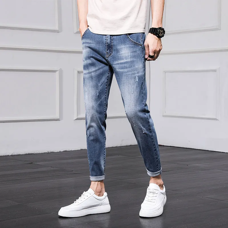 Men's Ripped Jeans Cropped Casual Men's Trousers Slim Fit Skinny Stretch Korean Style Pants Men