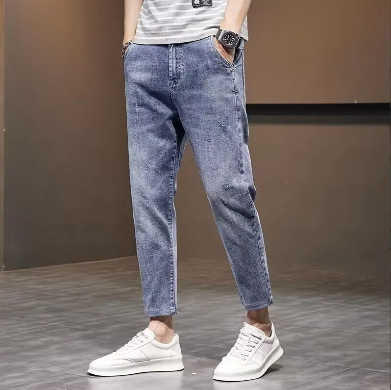 Men's Ripped Jeans Cropped Casual Men's Trousers Slim Fit Skinny Stretch Korean Style Pants Men