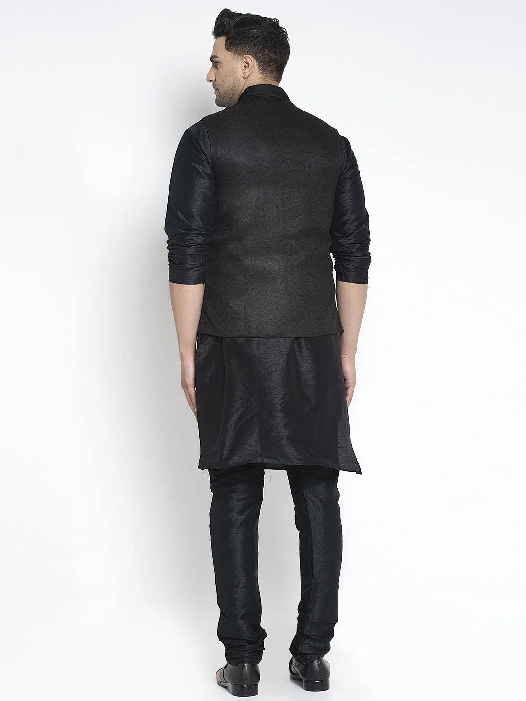 Men's Silk Blend Black Kurta With Pyjama & Black Nehru Jacket - Benstoke