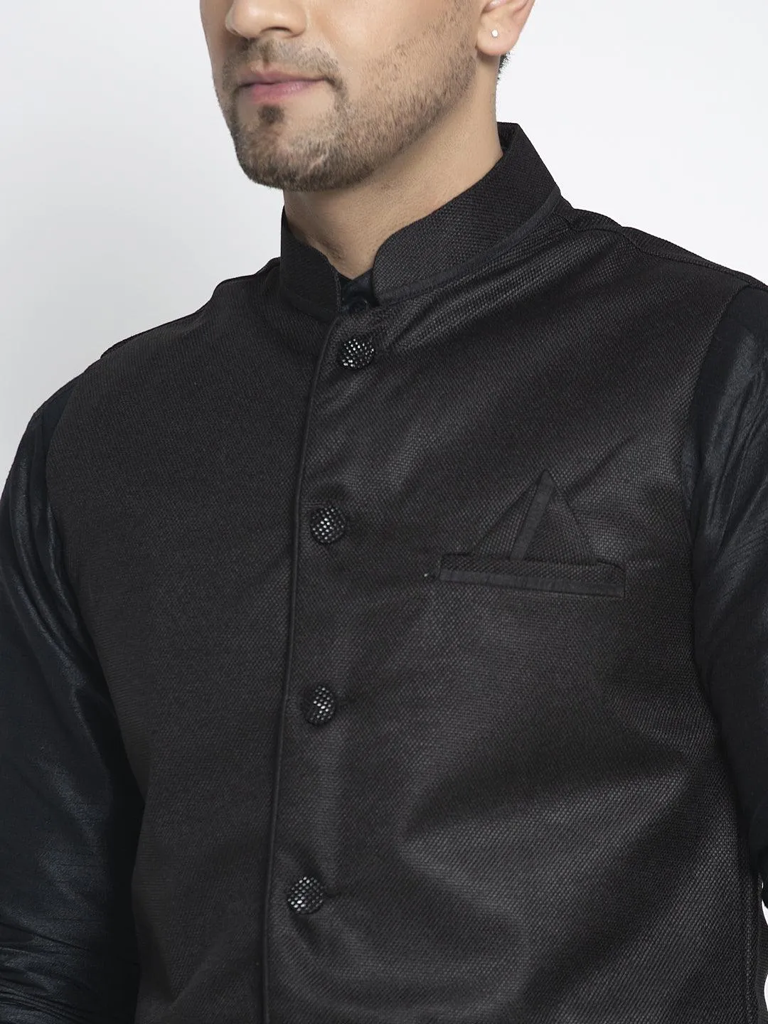 Men's Silk Blend Black Kurta With Pyjama & Black Nehru Jacket - Benstoke