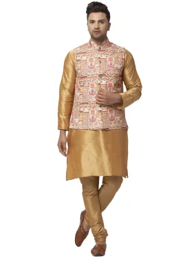 Men's Silk Blend Copper Kurta With Pyjama & Yellow Printed Nehru Jacket - Benstoke