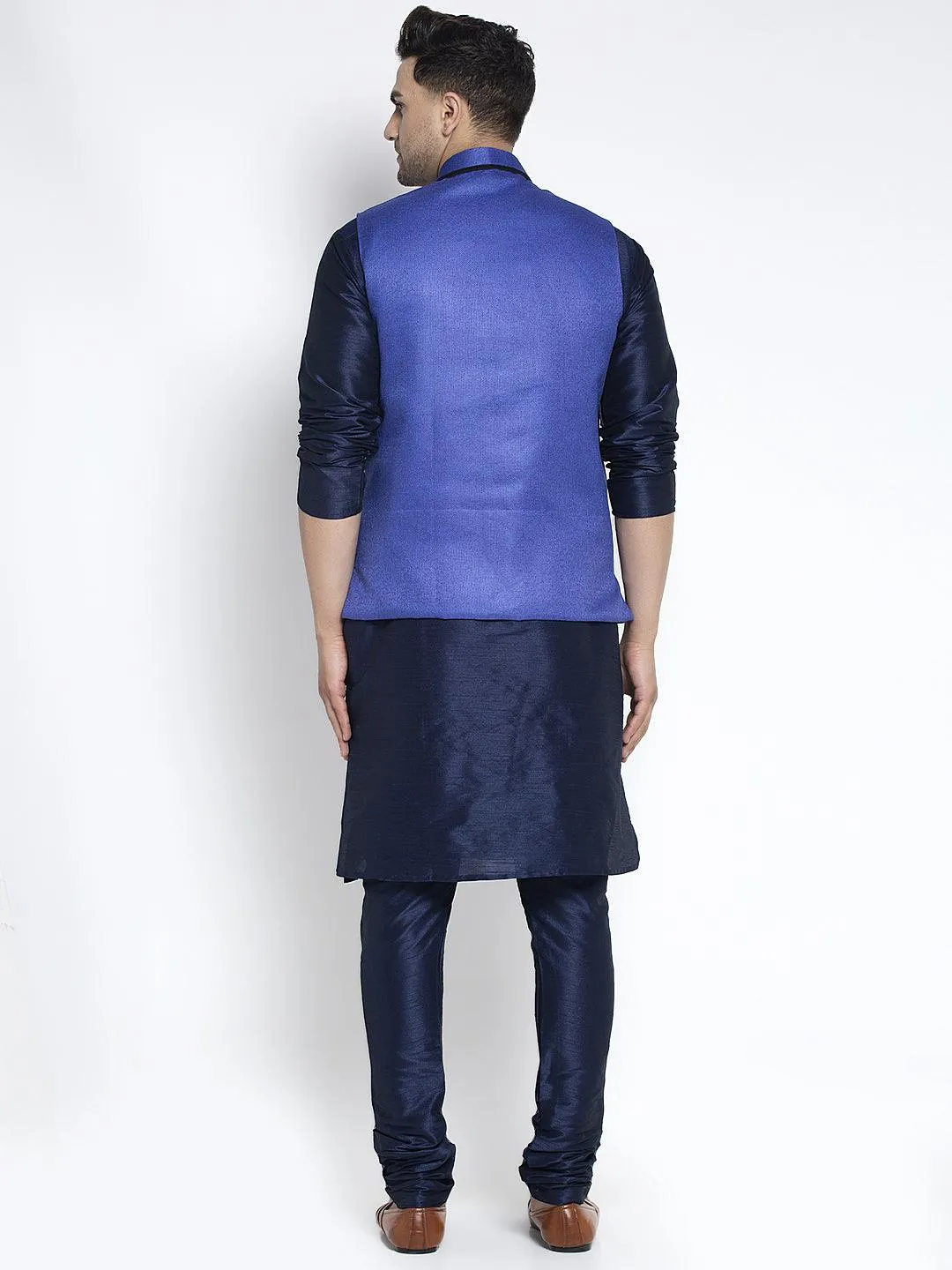 Men's Silk Blend Navy Blue Kurta With Pyjama & Royal Blue Nehru Jacket - Benstoke