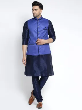 Men's Silk Blend Navy Blue Kurta With Pyjama & Royal Blue Nehru Jacket - Benstoke