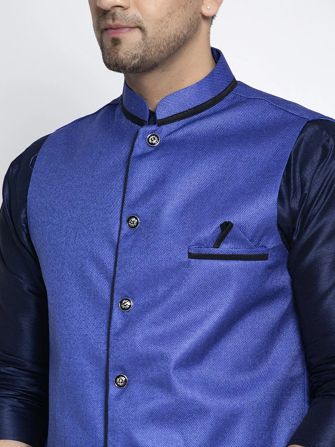 Men's Silk Blend Navy Blue Kurta With Pyjama & Royal Blue Nehru Jacket - Benstoke