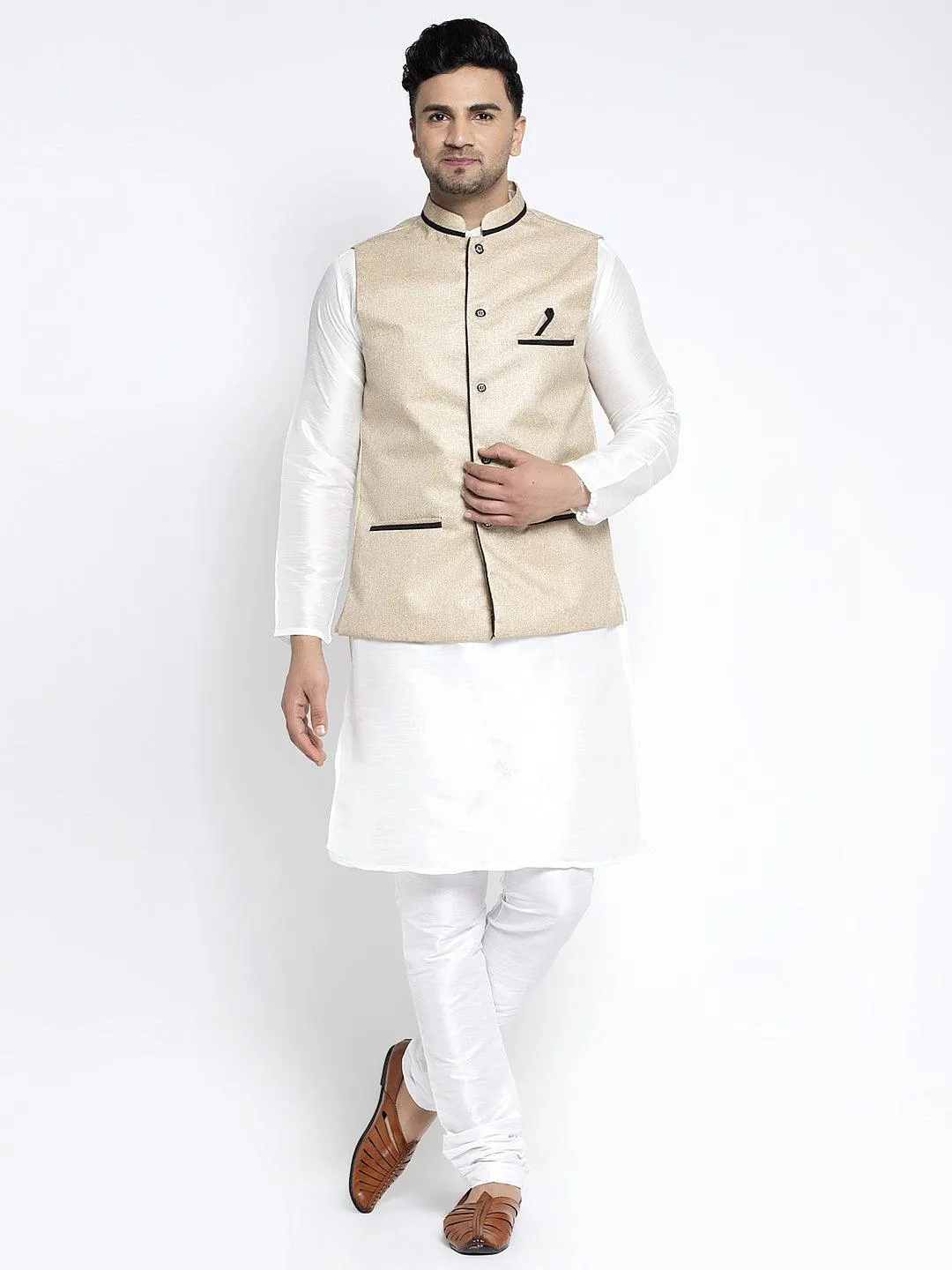 Men's Silk Blend White Kurta With Pyjama & Beige Nehru Jacket - Benstoke