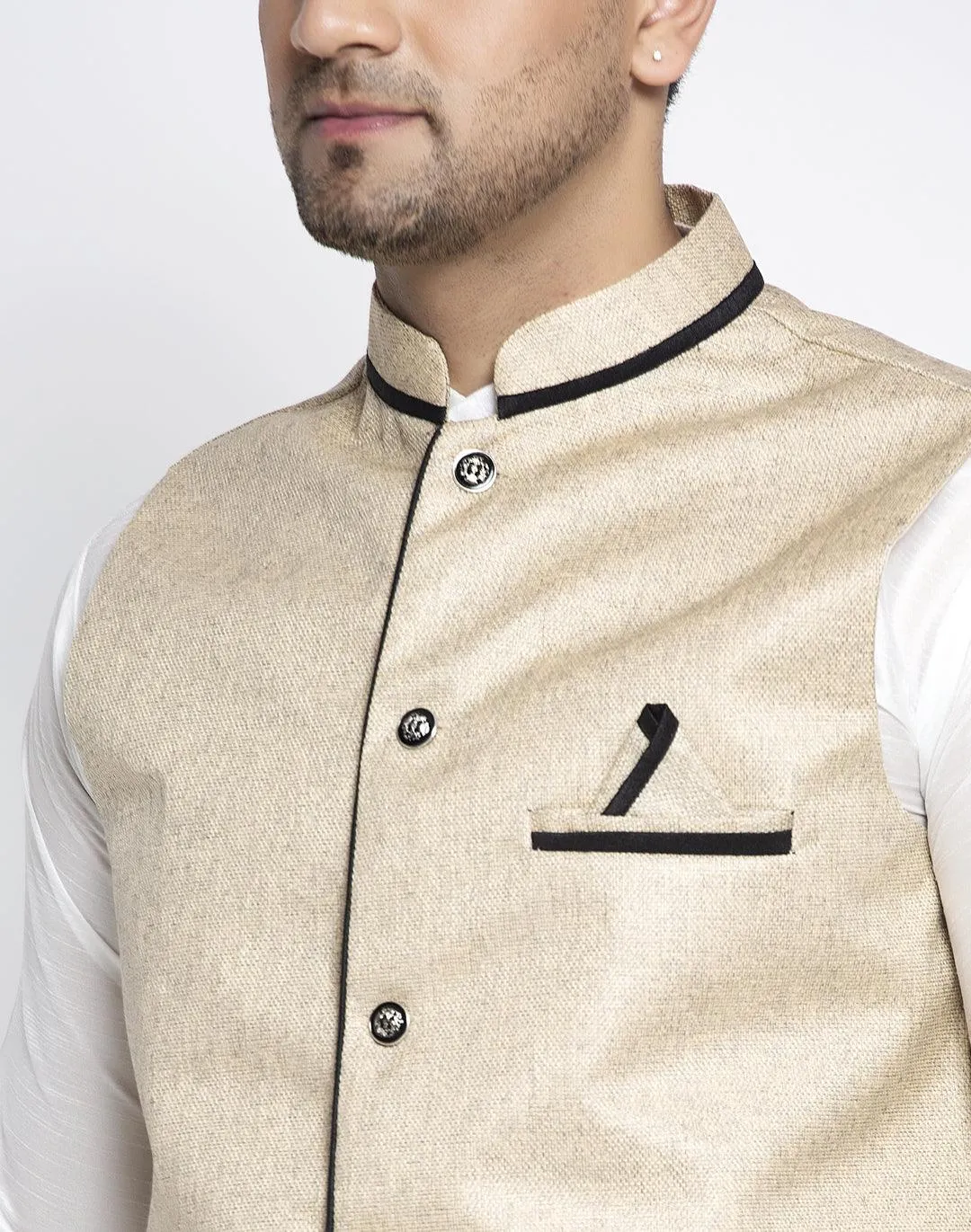 Men's Silk Blend White Kurta With Pyjama & Beige Nehru Jacket - Benstoke