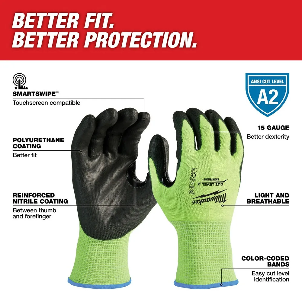 Milwaukee 48-73-8922 High Visibility Cut Level 2 Polyurethane Dipped Safety Gloves - Large